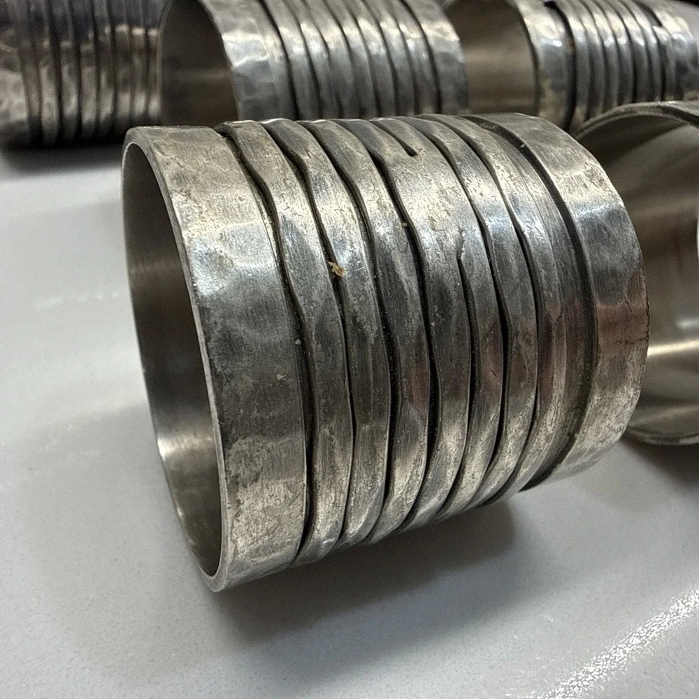 Vintage Brutalist Napkin Rings Set of 8 Pewter Tone Wrapped Coil Modernist